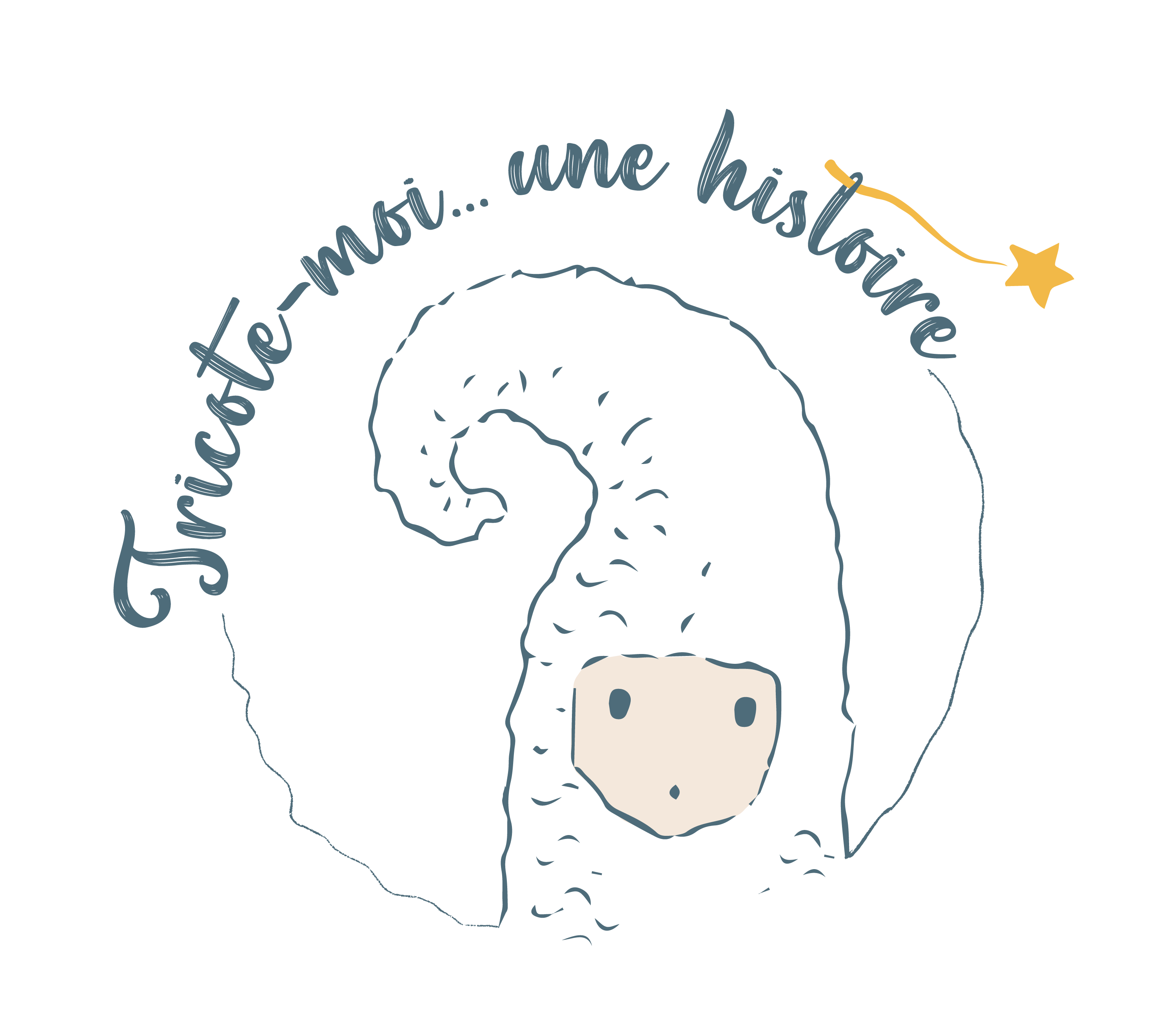 Logo Tricote-moi une histoire avec le lutin, le texte et l'étoile filante